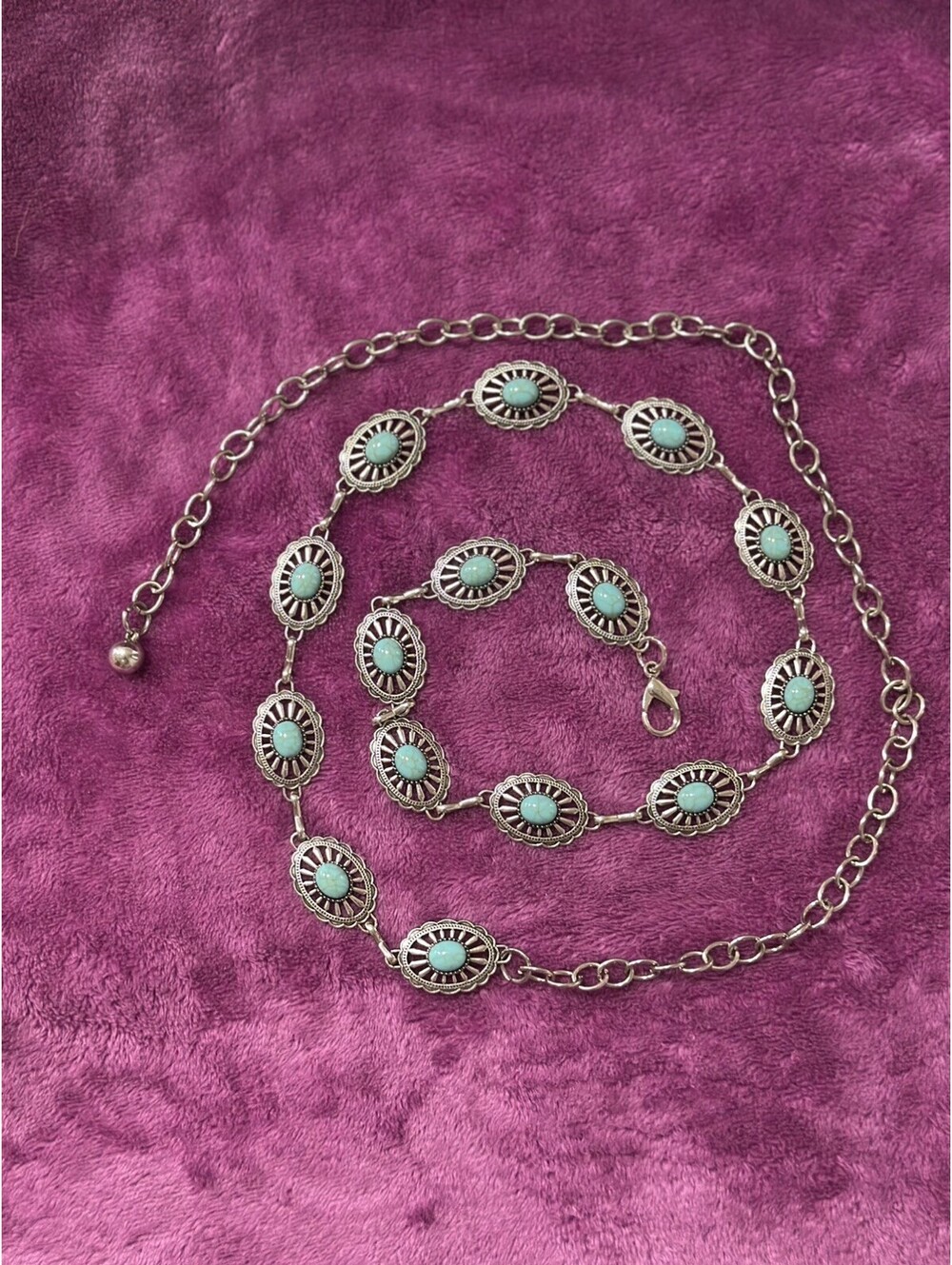 Silver Turquoise Chain Belt Geometric Stone Accents Adjustable Bohemian Western